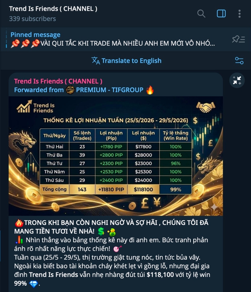 Thống kê lợi nhuận tuần 25/5 – 29/5/2026 – 99% win rate, +11810 PIP